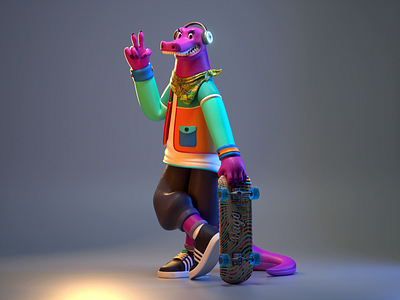 Skating dinosaur 3d c4d character design dinosaur illustration render sakte