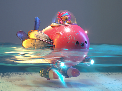 Pez submarine 3d c4d character design fish illustration person render submarine
