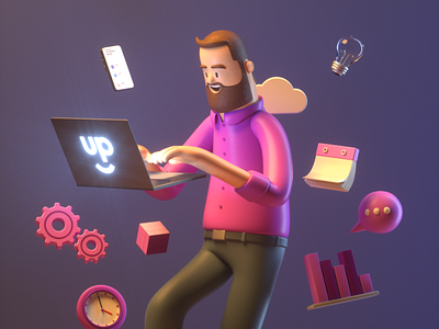 Working 3d c4d character design illustration man render working working space