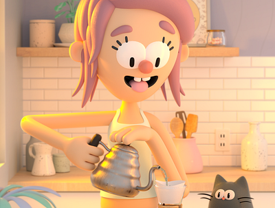 Coffee & Cat 3d c4d cat character coffee design girl illustration kitchen render