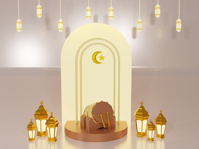 3D Realistic Traditional Mosque Drum And Lantern Ramadan