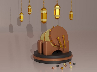 3D Realistic Ramadan Drum with Lantern Illustration