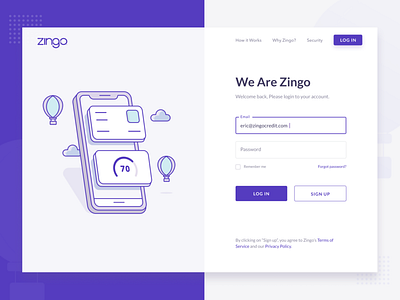 Zingo Login credite illustration isometric illustration login purple sign up uidesign welcome page