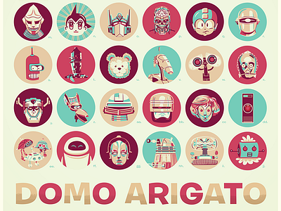 Domo Arigato poster icons illustrator robots vector