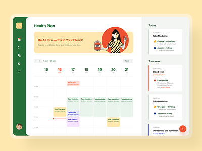 🍋Health Plan — Dashboard app appointment art artwork blood calendar design donate donation donor health healthcare illustration medicine medtech pill reminder planner reminder tablet ui