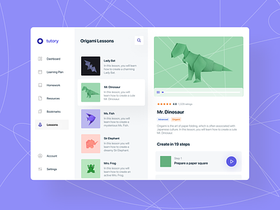 🦖 Origami lessons artwork bat courses dashboard design dinosaur edtech elearning elephant fish frog knowledge learning lesson origami platform player rating saas video