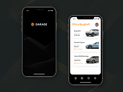 Garage App – Launch & Home app automobile automotive car dark ui garage minimal mobile orange porsche rivian rounded volvo