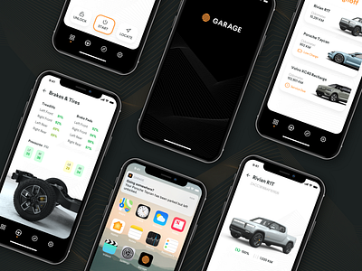 Garage App – Screens app dark dark ui future futuristic identity minimal mobile mobile app porsche rivian truck ui ui design volvo