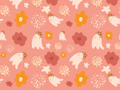 Pattern with cute ghost and flowers