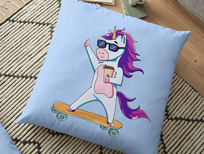 Cartoon unicorn on skateboard with cup of coffee banner branding cappuccino coffe cup coffee design friend girl girlsie graphic design latte magic pink pink hair skate skateboard unicorn