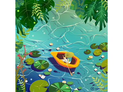 Alone with nature boat fish illustration inspiration nature recreation relaxation river sea summer tropics vector graphics water