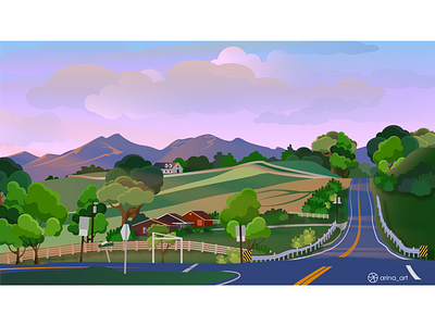 Small town country house illustration landscape mountains nature road road trip sunset town vector graphics