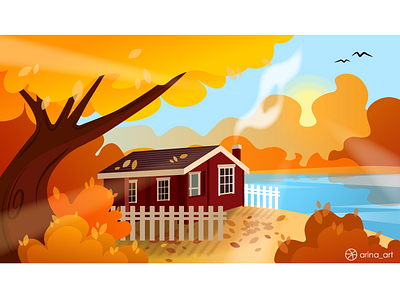 Calm place. Autumn autumn cosiness forest house illustration inspiration lake landscape leaves nature orange silense vector graphics water