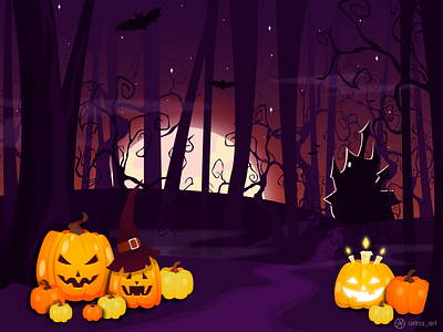 Road to Halloween bat candle castle darkness fog forest halloween illustration moon night october orange pumpkin road stars vector graphics violet