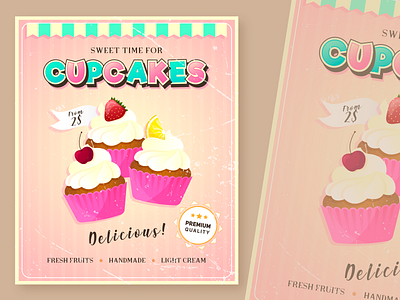 Poster for bakery #1 "CUPCAKES" bakery cakes cupcakes delicious dessert fruits illustration inspiration muffin pink poster retro sweet vector vector graphics