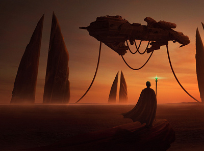Epic Fantasy Sci Fi Ship in Desert graphic design