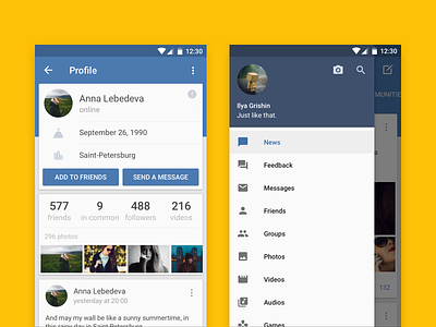 VK - Proflie and menu android app flat interface lollipop material ui vk vkontakte