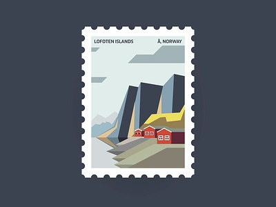 Lofoten islands postage stamp fjord flat illustration graphic design lofoten lofoten illustration lofoten stamp lofoten sticker minimal graphic norway postage card postage design postage mark postage stamp postcard village village illustration