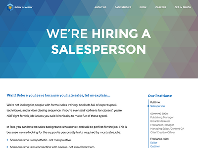[WIP] Careers Page Design blue book books careers design geometric hiring job layout sales salesperson ui