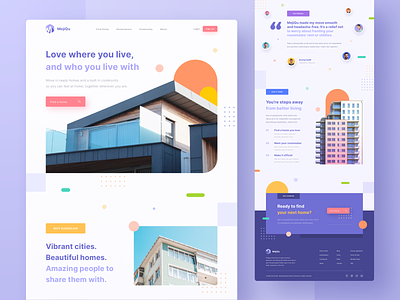 MejiQu - Find Place to Stay Landing Page buildings buisness clean colorful design gradient home homepage homestay icon landing page layout design photography purple ui ui design user interface ux web website