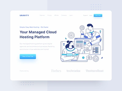 Header Illustration for URAVITY - Hosting Website character illustration clouds header homepage hosting illustration landing landing page layout design line art platform server ui user interface ux vps web web design website wordpress