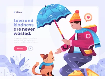 🐱 Kittens - Cat Rescue Website Illustration adobe illustrator cat character character illustration clean colorful gradient gradients header header illustration homepage illustration love plants procreate rescue ui umbrella vector website