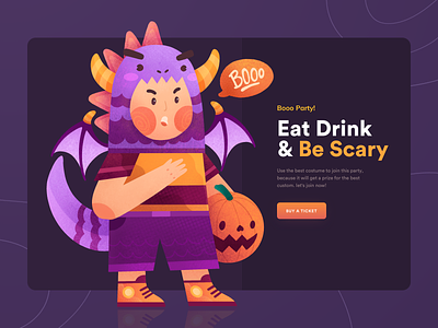 🎃 Booo Party - Eat Drink and Be Scary 👻 character character illustration clean colorful costume party cute illustration dark theme dragon gradient header illustration helloween home homepage illustration party pumpkin texture ui web design
