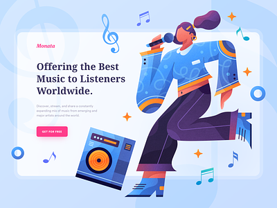 Monata - Music Streaming Header Website character character illustration clean colorful flat illustration girl illustration gradient header illustration homepage illustration landing page music streaming texture ui ux vector web web design white