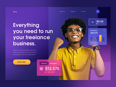 Piyuu - The Freelance Product Suite business chart clean colorful earning freelance gradient header homepage invoice landing page product products software ui user interface web web apps web design website