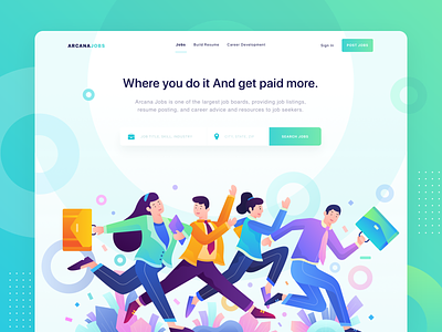 ArcanaJobs - Where you do it And get paid more. character character illustration colorful gradient header header illustration homepage icon illustration jobs jobsite landing page ui vector web website