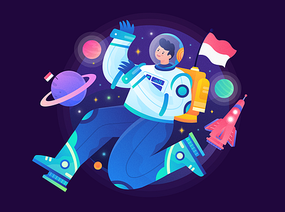 74th Indonesia Independence Day astronaut character character illustration colorful flag gradient header header illustration homepage illustration indonesia landing page planet procreate rocket space star vector web