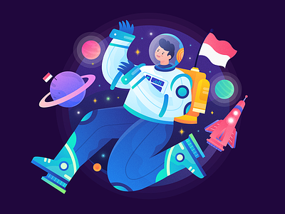 74th Indonesia Independence Day astronaut character character illustration colorful flag gradient header header illustration homepage illustration indonesia landing page planet procreate rocket space star vector web