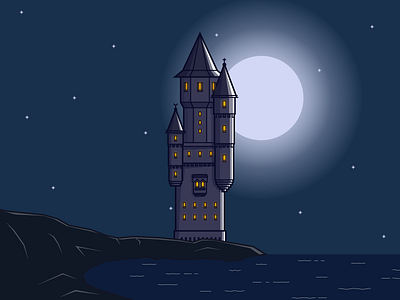 Castle On The Shore architecture building castle design flat illustration moon shore stars tower vector