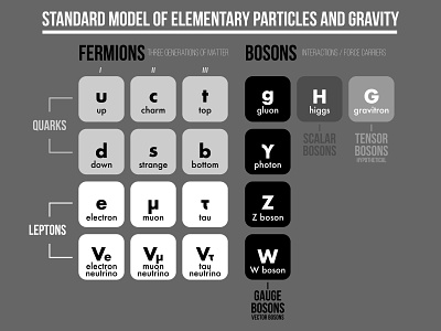 Standard Model of Elementary Particles and Gravity atomic atoms bosons chart elementary particles fermions gravity grays leptons life physics quantum mechanics quarks science