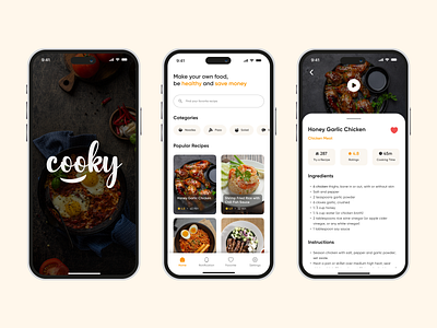 Cooky - Recipe App app design food food recipe graphic design mobile pizza recipe recipes steak ui ui design ux