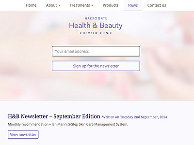 Harrogate Health & Beauty Cosmetic Clinic beauty harrogate home page mailchimp news newsletter web design yorkshire