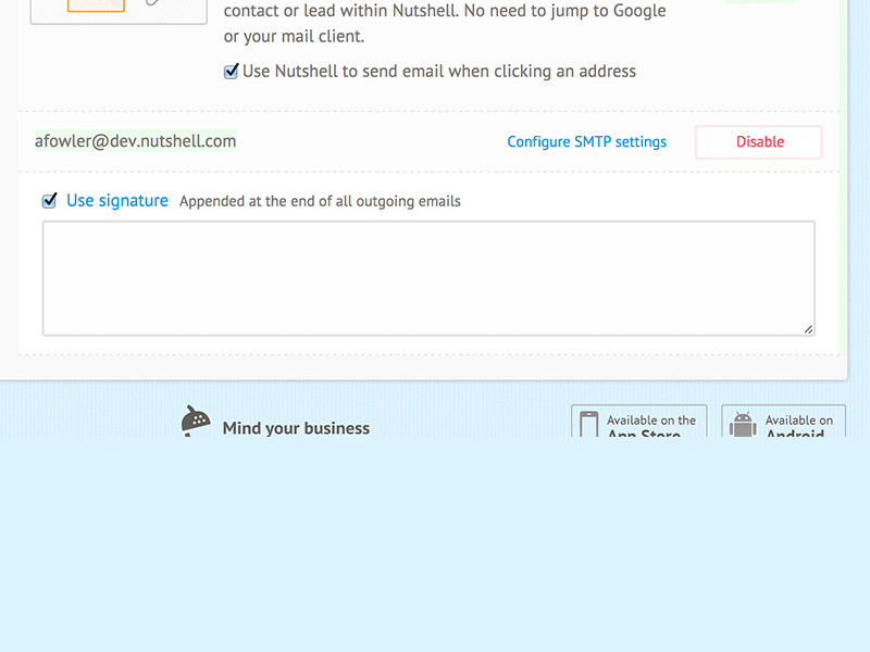 Nutshell UI design button email my account save signature ui ux