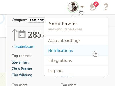 Nutshell UI design icon my account notifications nutshell popover ui