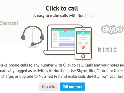 Nutshell UI Design click to call crm illustration modal onboarding skype