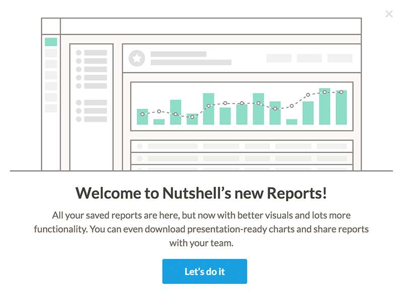 New Nutshell Reports crm data date picker filtering illustration modal onboarding reports