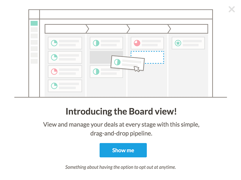 Nutshell Board View board view crm drag and drop modal onboarding pipeline management trello visual pipeline