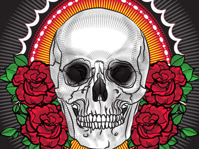 Skull con safos dia de los muertos illustration red roses roses run for the border skull starburst