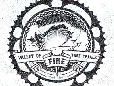 Valley of fire time trials logo arrow chain cog compass cycling event logo fire logo pedalpower racing time trials