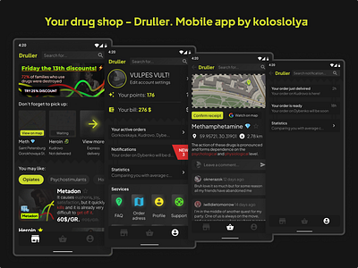 Drug Shop - Mobile App. app dark design illustration ui ux vector yellow