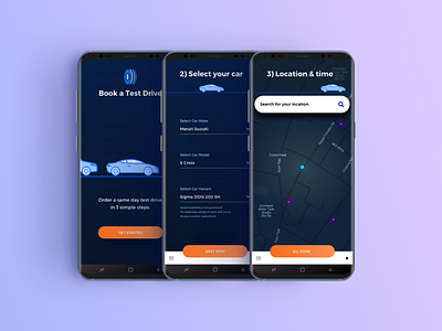 Book Car Test Drive app booking car dark map mobile showcase ui ux