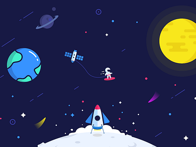 Having Fun in Space astronaut clean earth flat illustration moon rocket ship space stars sun