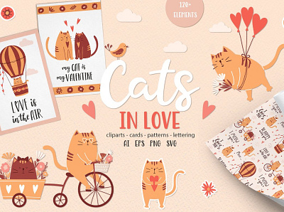 Cats in love. Cards & Patterns 3d animation app branding cat illustration design graphic design icon illustration logo motion graphics patterns ui valentine card valentine s day