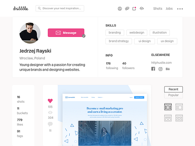 Dribbble Profile Redesign - Daily UI #006 dailyui dribbble minimal redesign sketch ui ux