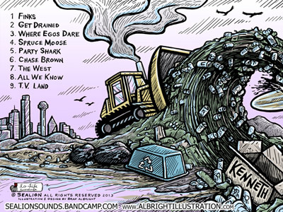 Album Cover Illustration - Sealion 'Kenneth' - back panel album cartoon cover illustration pen and ink recycle surf trash