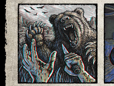 'A Grisly Way to Go' 3d anaglyph bear drawing fps illustration knife line art